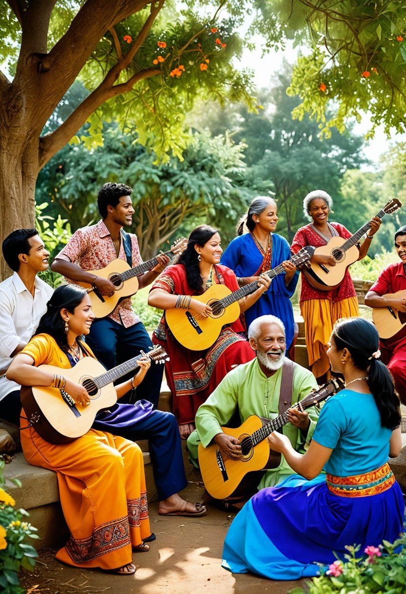 A serene scene depicting a diverse group of people engaging in various musical activities, symbolizing harmony and cultural unity. Include instruments like a guitar, sitar, and djembe, set in a vibrant, sunlit park filled with lush greenery. Feature elements of different cultures blending together, such as traditional clothing and colorful music notes swirling in the air. Captivate the essence of life, music, and community. super-realistic. vibrant colors. 3D.