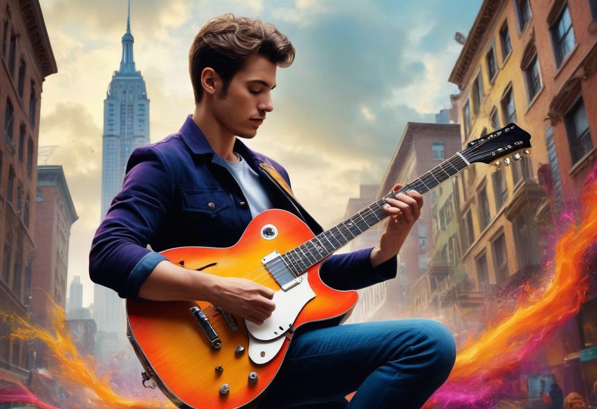 A vibrant scene depicting a guitarist strumming a vintage guitar, with musical notes transforming into colorful stories swirling around him. In the background, urban elements symbolize modern living, such as cityscapes and people engaging in creative activities. The atmosphere exudes creativity and passion, showcasing a blend of music and narrative. super-realistic. vibrant colors. dynamic composition.