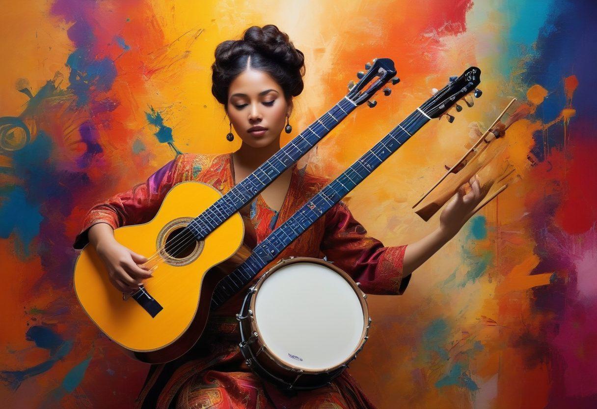 A vibrant collage depicting various musical instruments intertwined with cultural elements such as traditional clothing and artistic patterns. The background features swirls of color symbolizing harmony and creativity, with notes and paint splashes blending together. A silhouette of a person joyfully playing an instrument adds an engaging focal point. super-realistic. vibrant colors. dynamic composition.